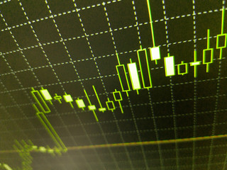 Abstract financial trading graphs on monitor. Background with currency bars and candles