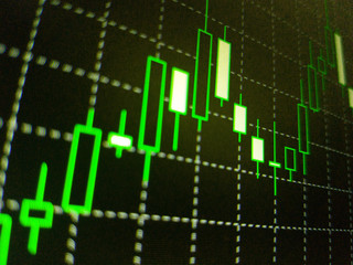 Abstract financial trading graphs on monitor. Background with currency bars and candles