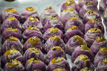 Moon Cake in with nuts and Purple sweet potato Bakery Shop  Thailand Travel Concept