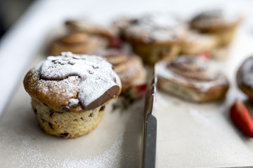 A delicious, freshly baked chocolate covered chocolate chip muffin frosted or spinkled with icing sugar on a business breakfast buffet