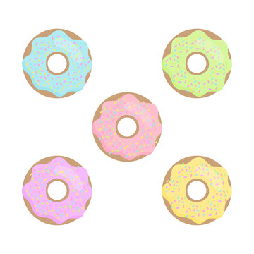 Colorful, pastel cute vector doughnut illustration. Set of five iced and sprinkled donuts.