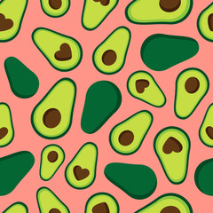 Cute, simple pink colorful avocado vector seamless pattern. Fresh ripe green avocado cut in half and whole piece on pink orange background.