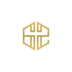 Initial letter GZ, minimalist line art hexagon shape logo, gold color