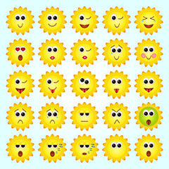 Set of Sun, Sunflowers Emoticons. Set of Emoji.