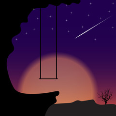Swing on mountain in night time. Vector illustration.