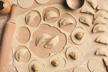 Preparing dumplings with potato, cooking russian food