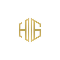 Initial letter HG, minimalist line art hexagon shape logo, gold color