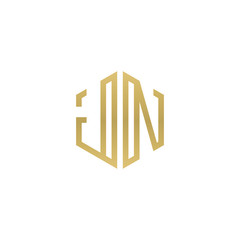 Initial letter JN, minimalist line art hexagon shape logo, gold color