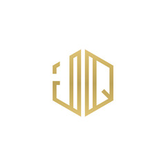 Initial letter JQ, minimalist line art hexagon shape logo, gold color