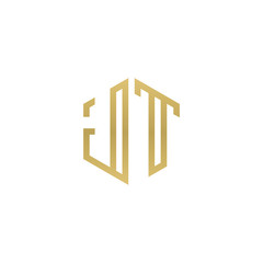 Initial letter JT, minimalist line art hexagon shape logo, gold color
