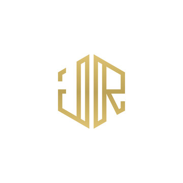 Initial letter JR, minimalist line art hexagon shape logo, gold color