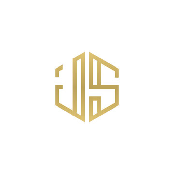 Initial letter JS, minimalist line art hexagon shape logo, gold color