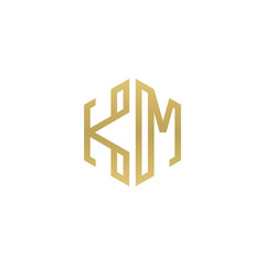Initial letter KM, minimalist line art hexagon shape logo, gold color