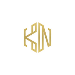 Initial letter KN, minimalist line art hexagon shape logo, gold color