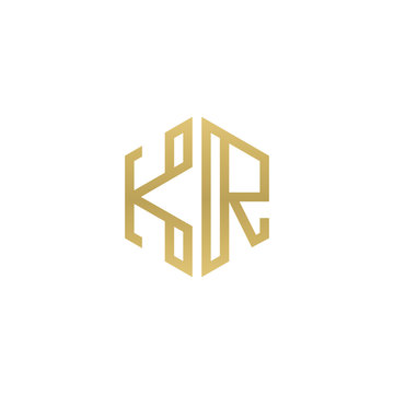 recommend clip art: Initial letter KR, minimalist line art hexagon shape logo, gold color