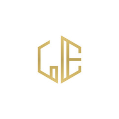 Initial letter LE, minimalist line art hexagon shape logo, gold color
