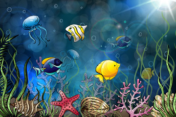 Fototapeta na wymiar Composition of seashells, starfish, jellyfish. Underwater world. Sea background. Vector illustration.