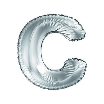 Silver letter C made of inflatable balloon isolated on white background.