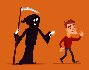 Death character chasing running after scary man mascot. Vector flat cartoon illustration