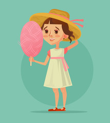 Happy smiling little girl character mascot eating pink cotton candy. Summertime spring happy day. Vector flat cartoon illustration