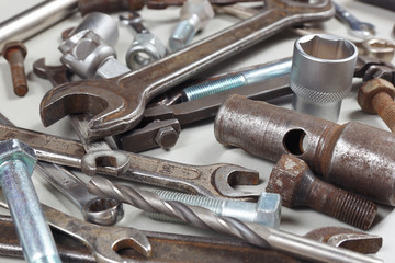 Fototapeta premium Diverse metal tool and parts for repairing machines close up