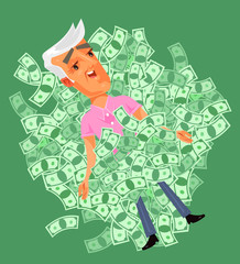 Happy smiling grandpa old man character lie on pile money. Vector flat cartoon illustration