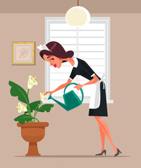 Housemaid woman character watering flowers. Vector flat cartoon illustration