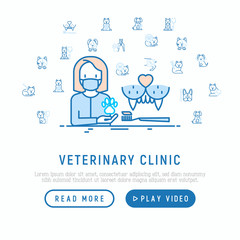 Veterinary clinic concept. Thin line icons: injection, cardiology, cleaning of ears, teeth, shearing claws, broken leg. Vector illustration, web page template.