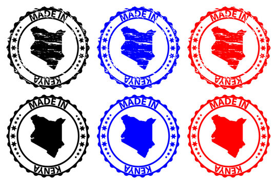 Made in Kenya - rubber stamp - vector, Kenya map pattern - black, blue and red
