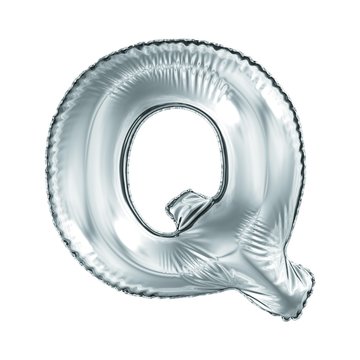 Silver letter Q made of inflatable balloon isolated on white background.