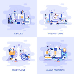 Modern flat concept web banner of Video Tutorial, Achievement, Online Education and E Books with decorated small people character.