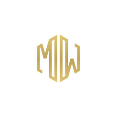 Initial letter MW, minimalist line art hexagon shape logo, gold color