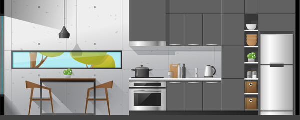 House interior section background including dining room and kitchen , vector , illustration