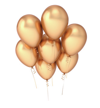 Golden balloons seven 7 flying up. Happy birthday party decoration helium balloon gold yellow. Celebrate, anniversary greeting card background. 3d illustration isolated