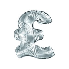 Silver symbol pound sterling made of inflatable balloon isolated on white background.