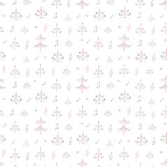 Seamless Mezen pattern with firs trees wood. Ethnic background. Red, black, white.