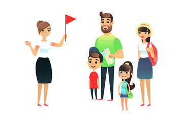 The guide tells the travelers about the sights. A group of tourists listens to a woman guide. Happy family with a map and things listening to a story about the city. Flat vector traveling concept