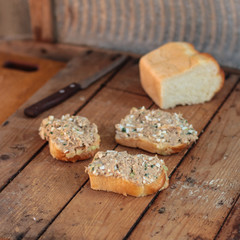 pate from fish on bread - fish appetizer (salad with bread) - Tasty food.  Food background