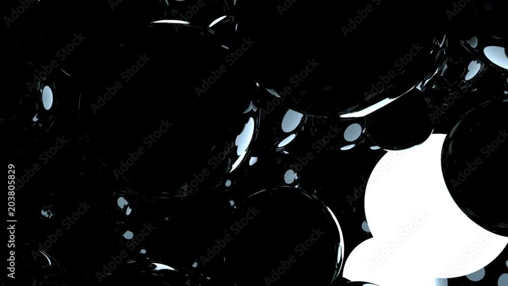 Poster black glossy and glowing spheres flying through. 3d render digitally generated motion graphic. seaml