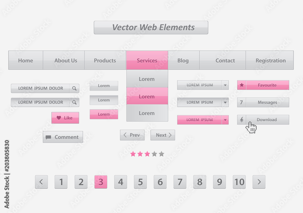 Aufkleber pack of flat design ui kit vector for webdesign in pink color.