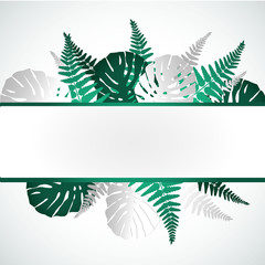 Summer sale banner with paper cut tropical leaves background, exotic floral design for banner, flyer, invitation, poster, web site or greeting card. Paper cut style, vector illustration.