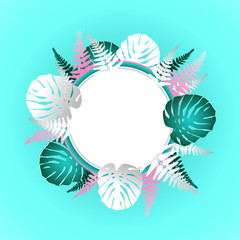 Fototapeta na wymiar Tropical banner with green leaves on white background. Poster in trendy paper cut style. Design template for print or web. Vector illustration.