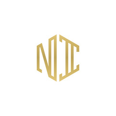 Initial letter NI, minimalist line art hexagon shape logo, gold color