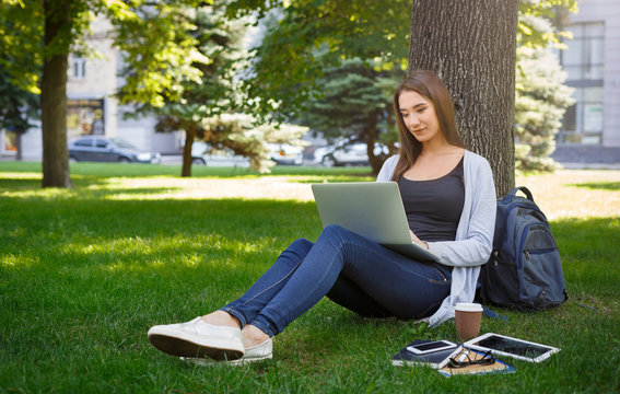 Busy freelancer or girl preparing for entering the university on a grass, working with laptop in the park