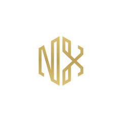 Initial letter NX, minimalist line art hexagon shape logo, gold color
