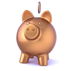 Golden piggy bank and coin. Saving money, donate, payment, banking, earning, finance icon concept luxury. 3d illustration, isolated on white background