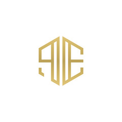 Initial letter PE, minimalist line art hexagon shape logo, gold color
