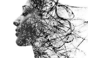 Paintography. Double Exposure portrait of a seductive ethnic woman's profile combined with hand drawn ink painting created using unique technique. black and white
