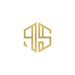 Initial letter PS, minimalist line art hexagon shape logo, gold color