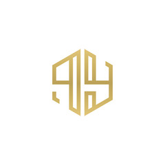 Initial letter PY, minimalist line art hexagon shape logo, gold color